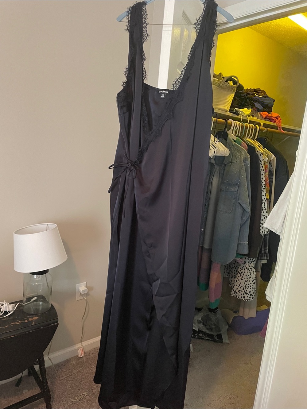 Boohoo Navy Blue Satin Lace-Trim Maxi Wrap Dress
